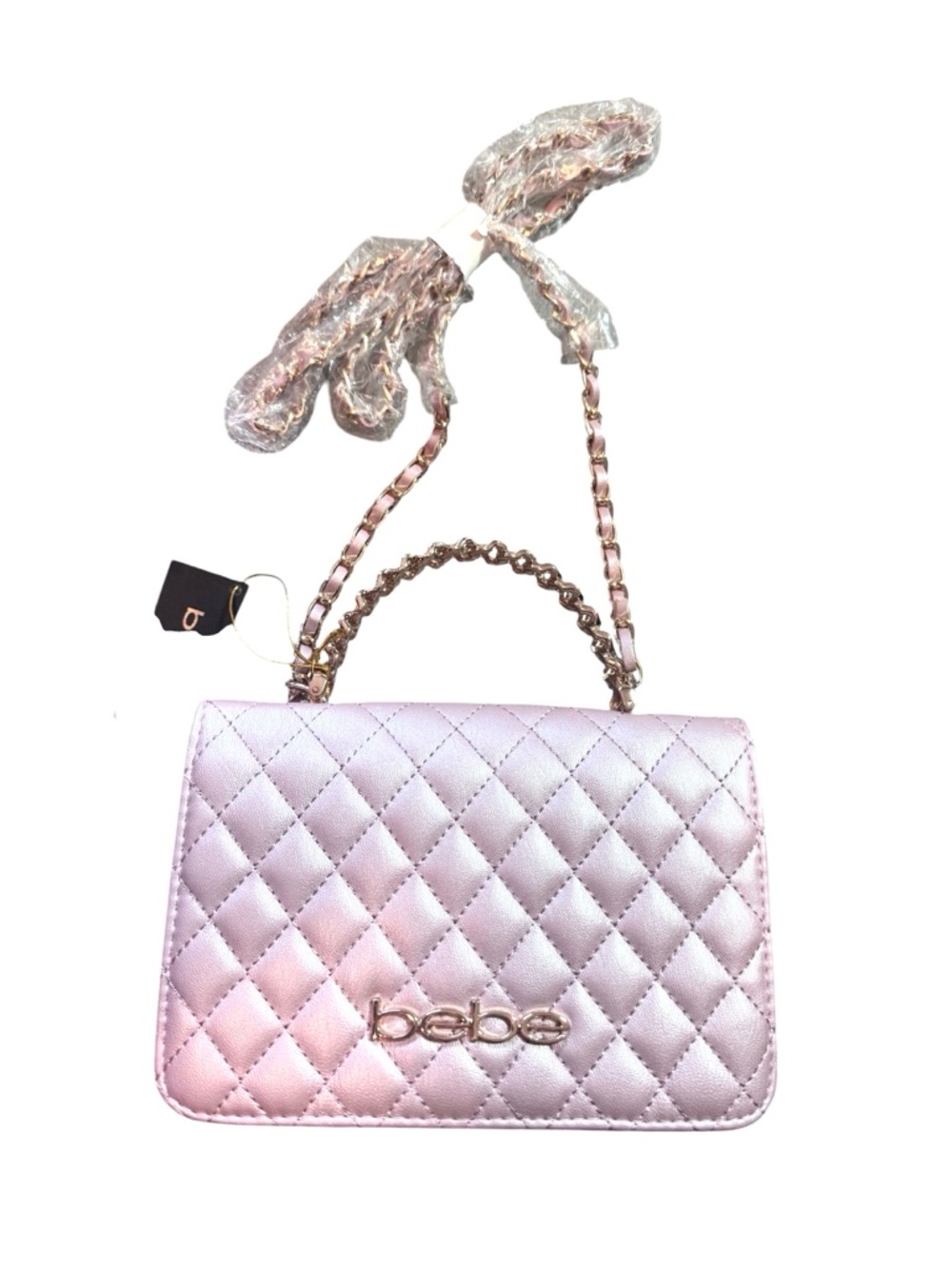 bebe Finlay Metallic Pink Quilted Convertible Flap Crossbody Bag w/ Handle, NWT